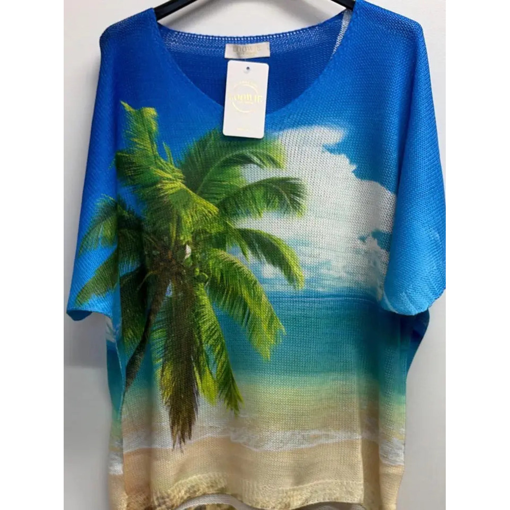 L146 VN SS Loowie Palm Tree Beach V-Neck Knit Printed Sweater One Size